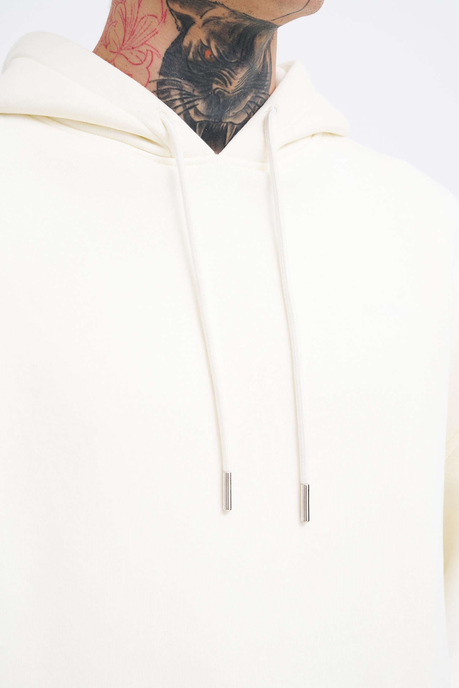Erkek Oversize Basic Kapüşonlu Sweatshirt Ekru