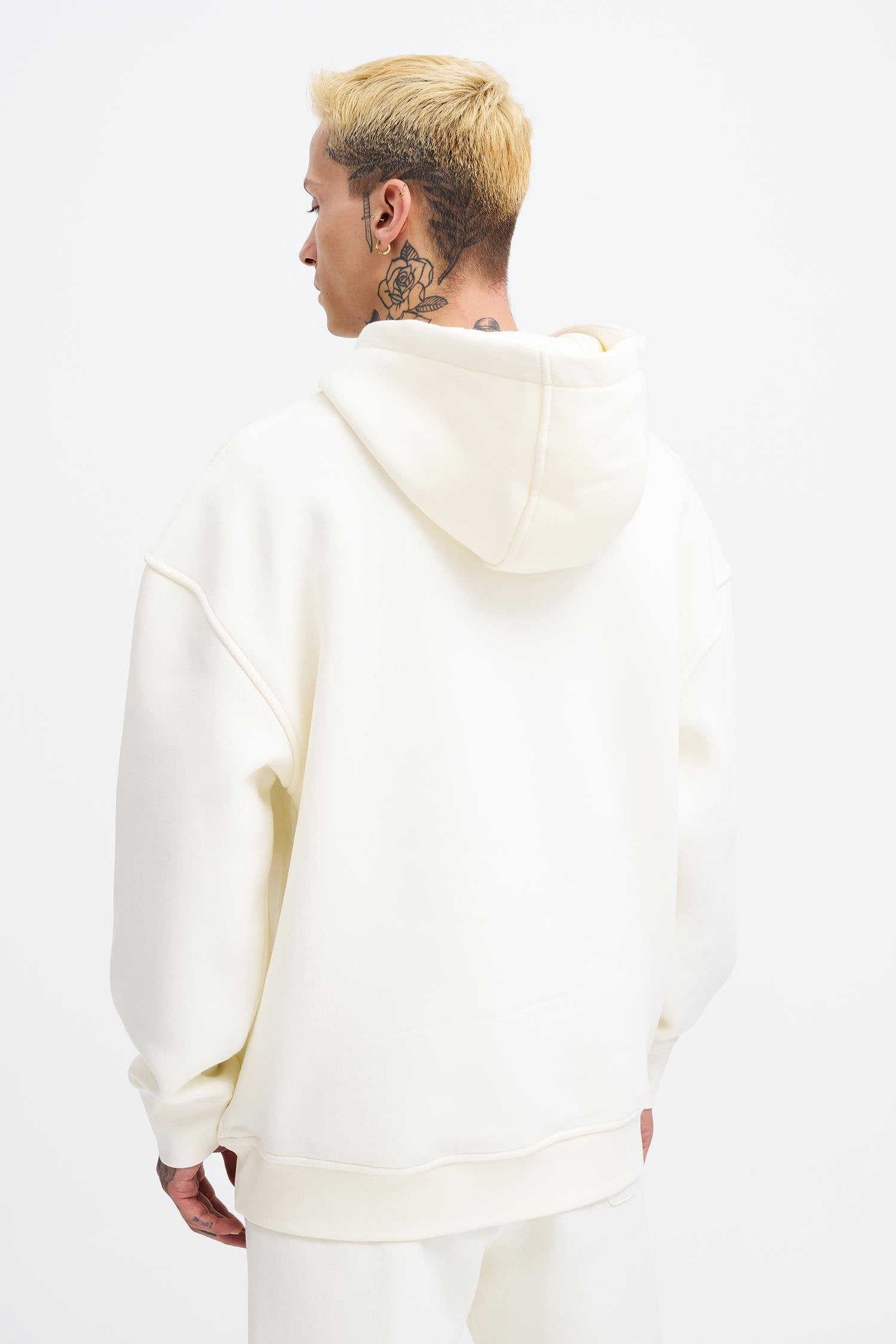 Erkek Oversize Basic Kapüşonlu Sweatshirt Ekru