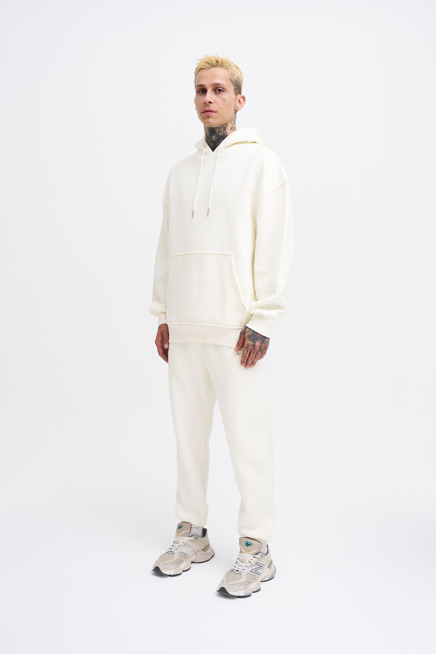 Erkek Oversize Basic Kapüşonlu Sweatshirt Ekru