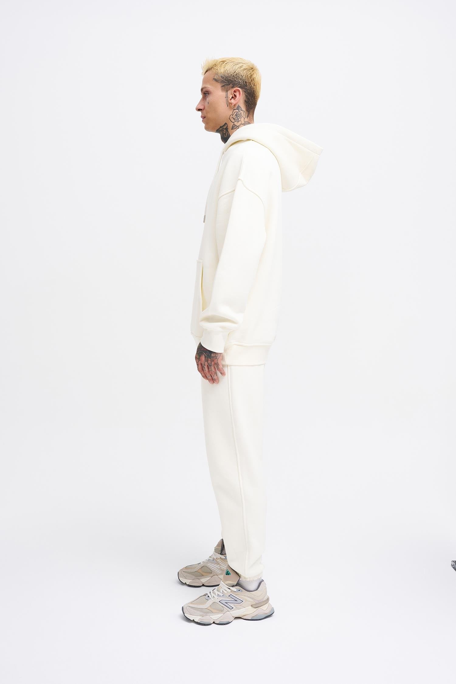 Erkek Oversize Basic Kapüşonlu Sweatshirt Ekru