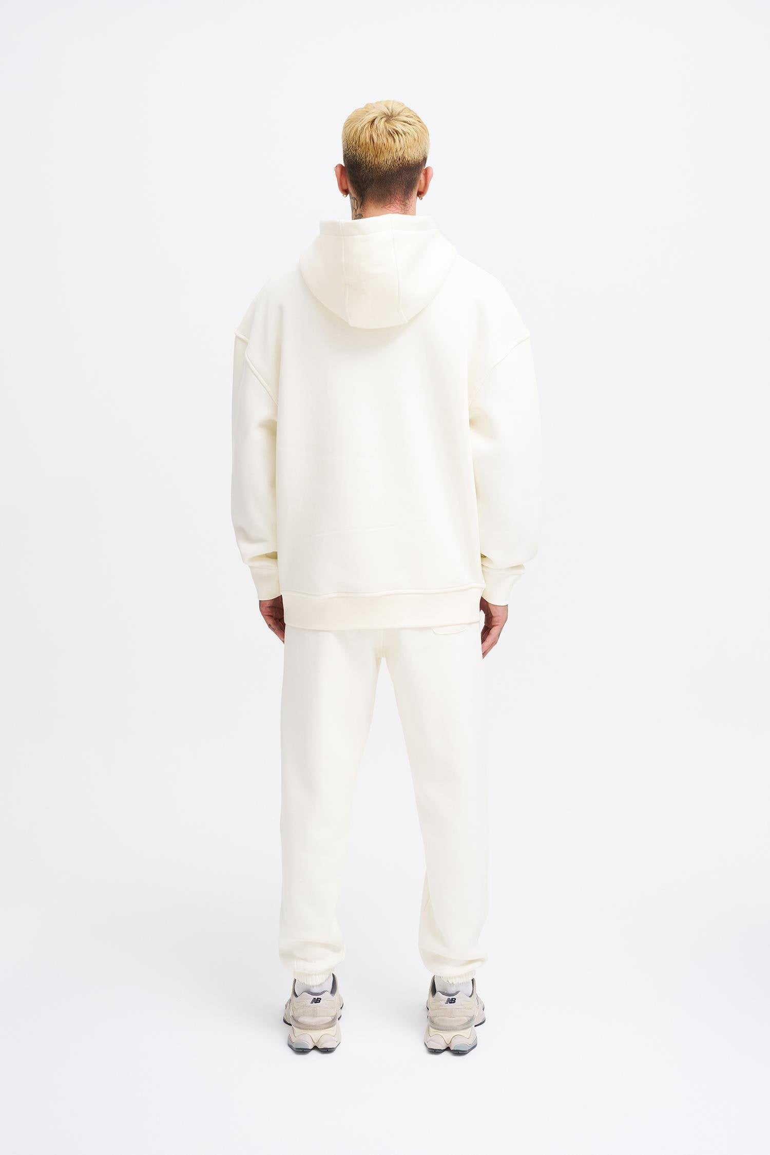 Erkek Oversize Basic Kapüşonlu Sweatshirt Ekru