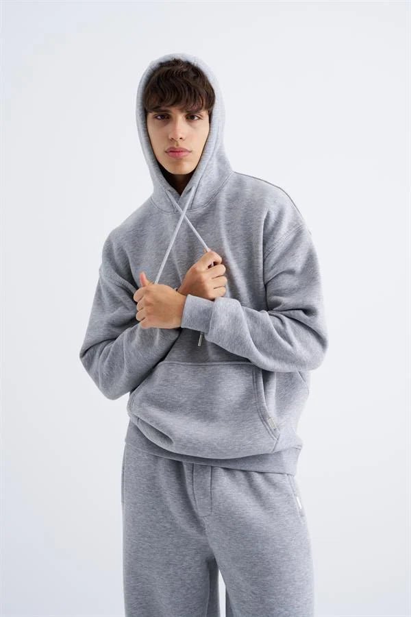Erkek Oversize Basic Kapüşonlu Sweatshirt Gri Melanj