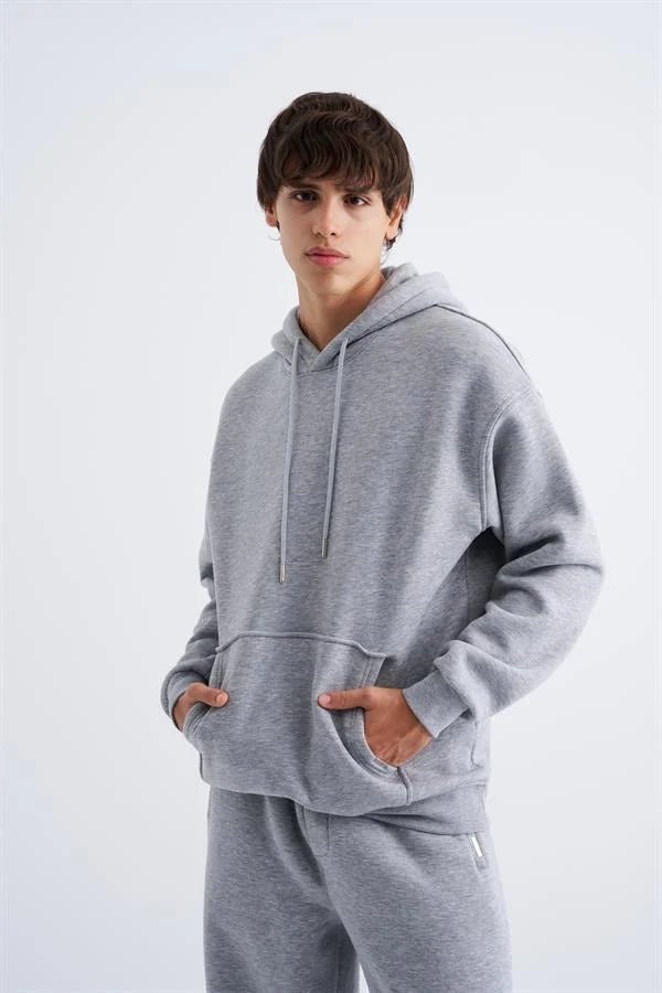 Erkek Oversize Basic Kapüşonlu Sweatshirt Gri Melanj
