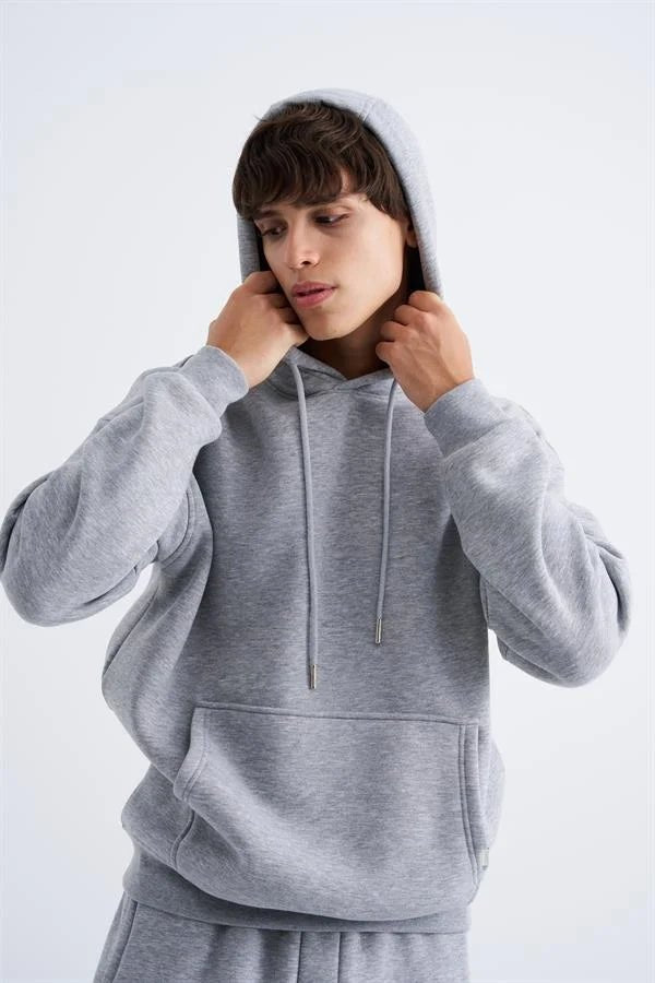 Erkek Oversize Basic Kapüşonlu Sweatshirt Gri Melanj
