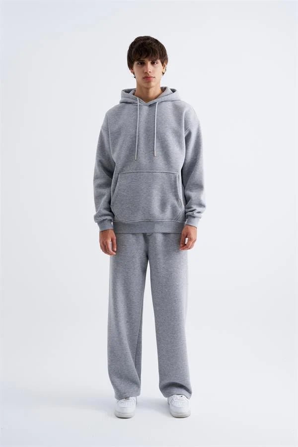 Erkek Oversize Basic Kapüşonlu Sweatshirt Gri Melanj