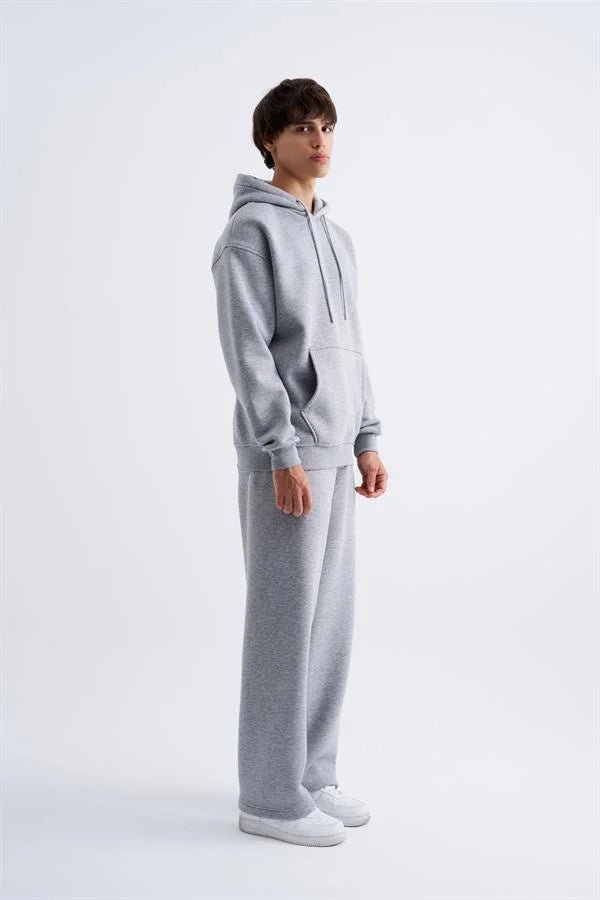 Erkek Oversize Basic Kapüşonlu Sweatshirt Gri Melanj