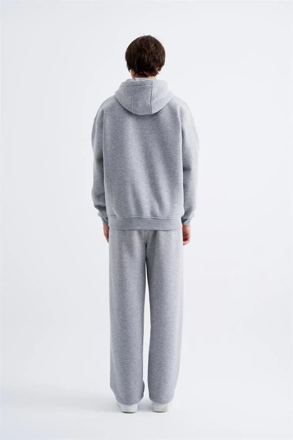 Erkek Oversize Basic Kapüşonlu Sweatshirt Gri Melanj