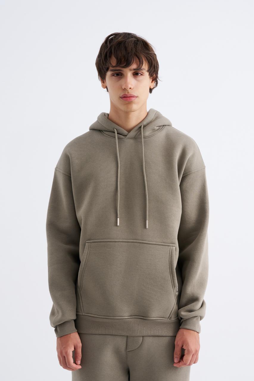 Erkek Oversize Basic Kapüşonlu Sweatshirt Haki