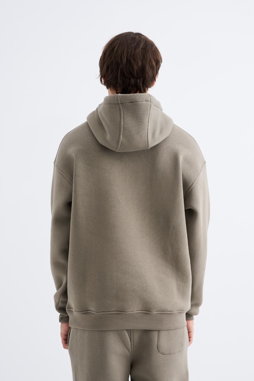 Erkek Oversize Basic Kapüşonlu Sweatshirt Haki