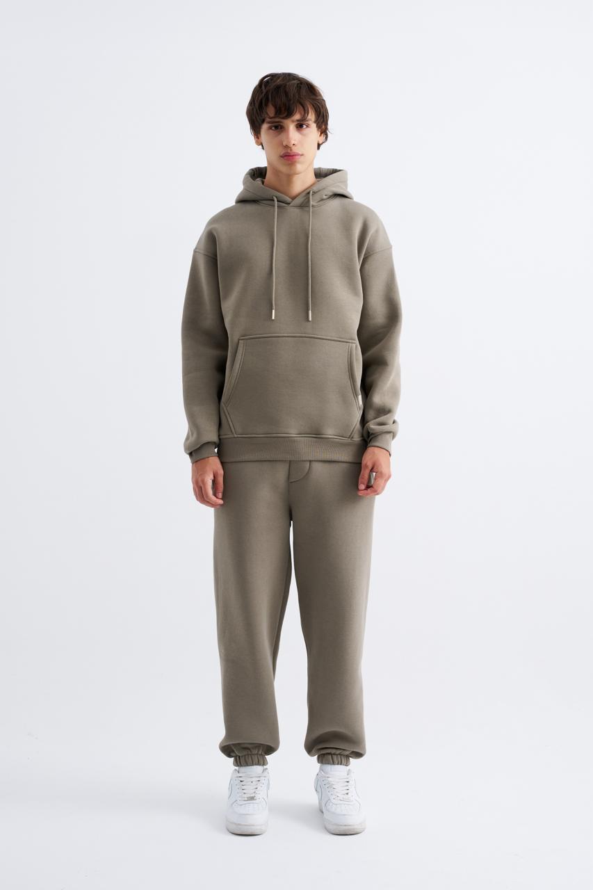 Erkek Oversize Basic Kapüşonlu Sweatshirt Haki