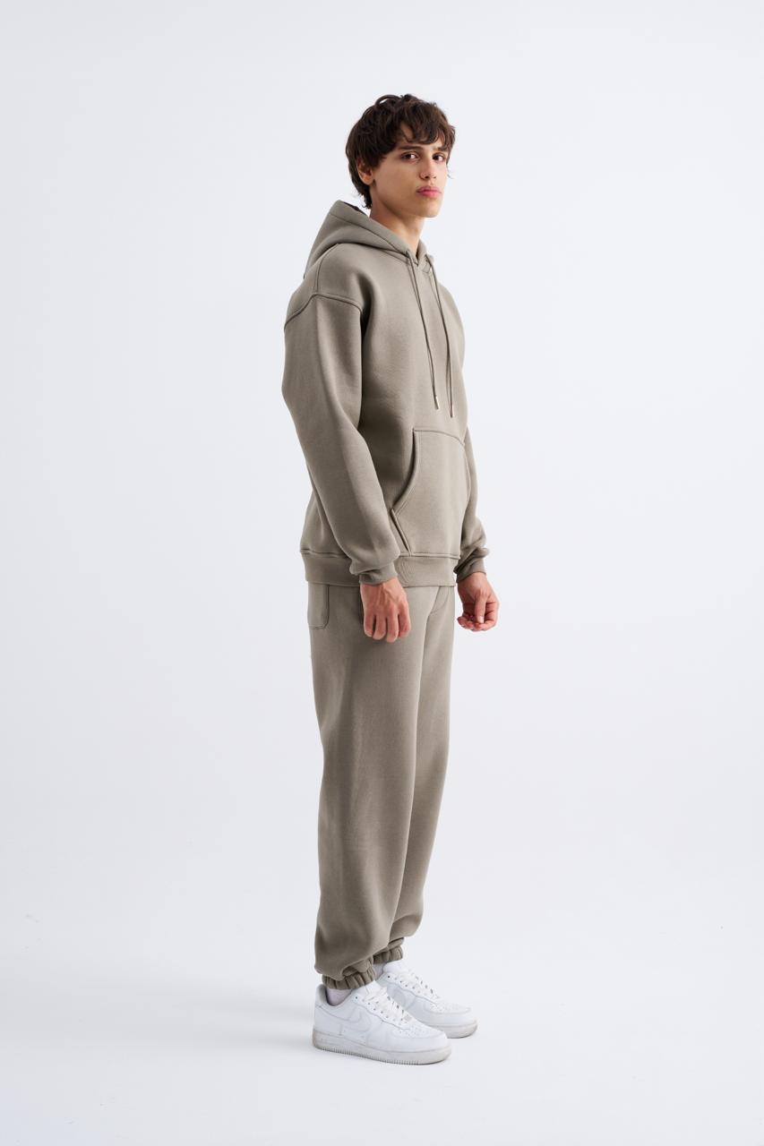 Erkek Oversize Basic Kapüşonlu Sweatshirt Haki