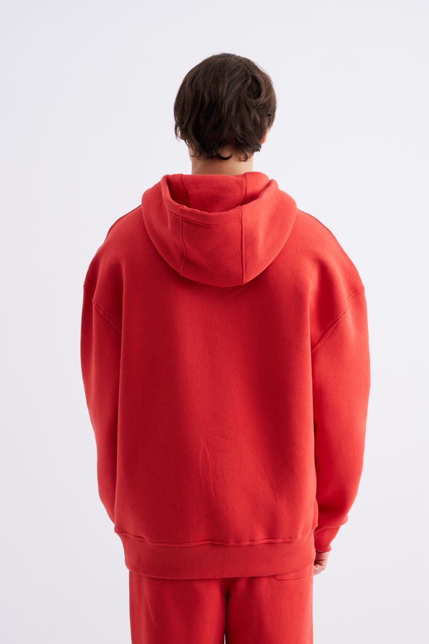 Erkek Oversize Basic Kapüşonlu Sweatshirt Kırmızı