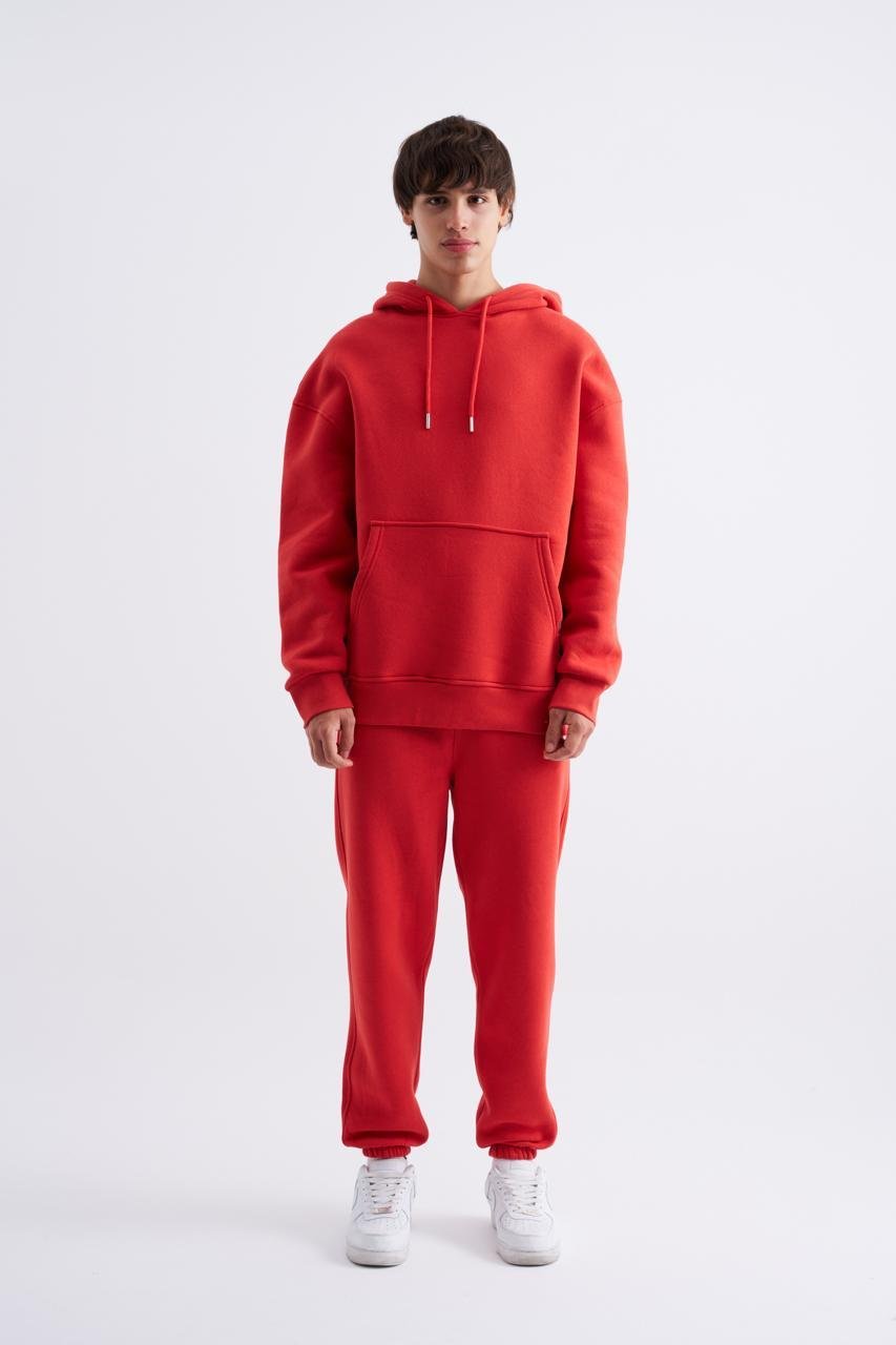 Erkek Oversize Basic Kapüşonlu Sweatshirt Kırmızı