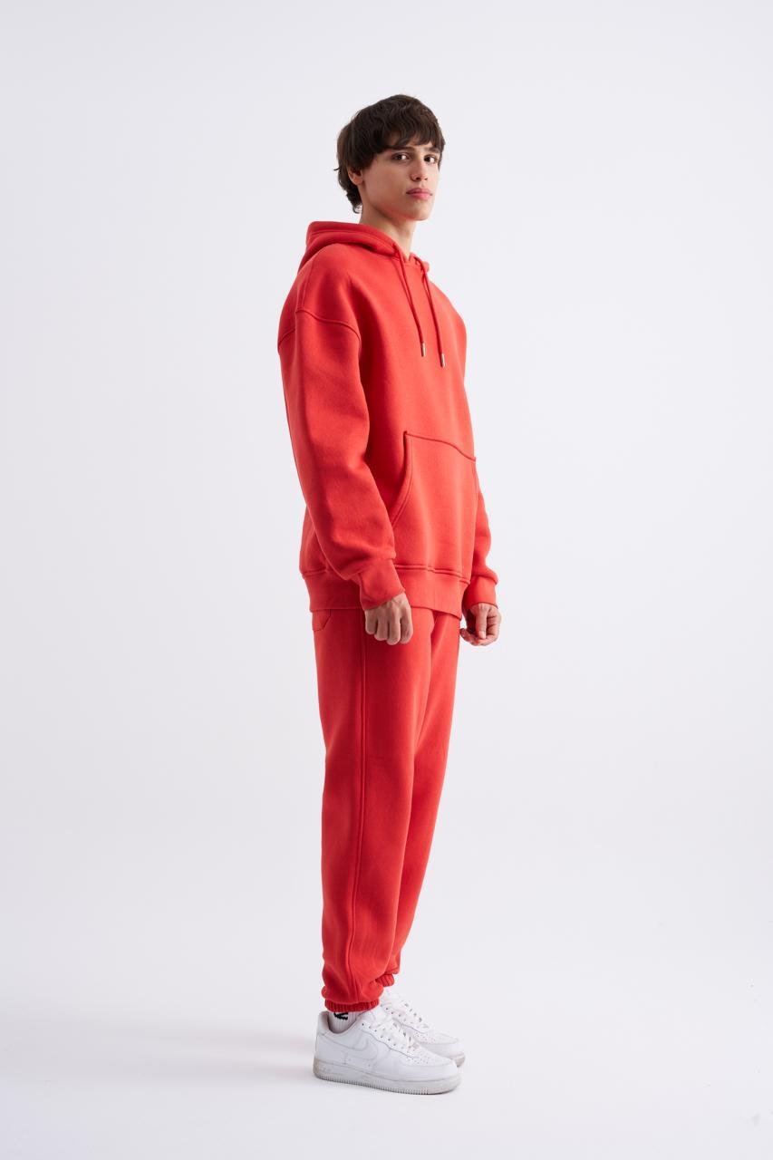 Erkek Oversize Basic Kapüşonlu Sweatshirt Kırmızı