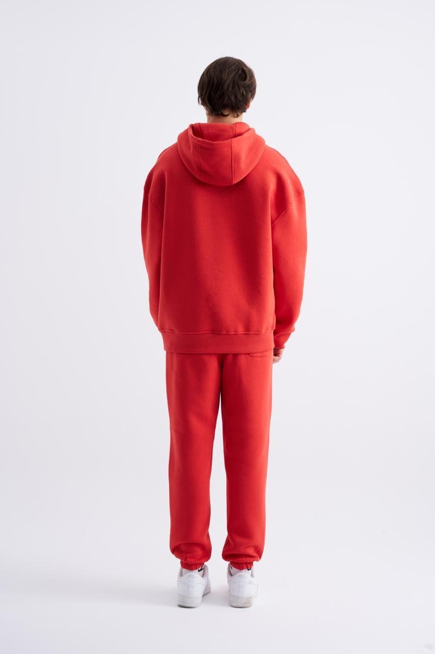 Erkek Oversize Basic Kapüşonlu Sweatshirt Kırmızı