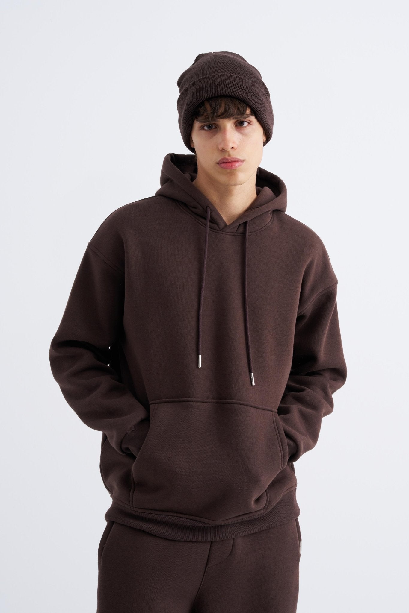 Erkek Oversize Basic Kapüşonlu Sweatshirt Koyu Kahverengi
