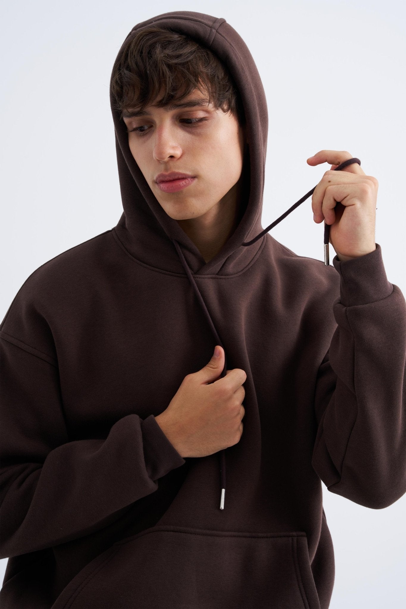 Erkek Oversize Basic Kapüşonlu Sweatshirt Koyu Kahverengi