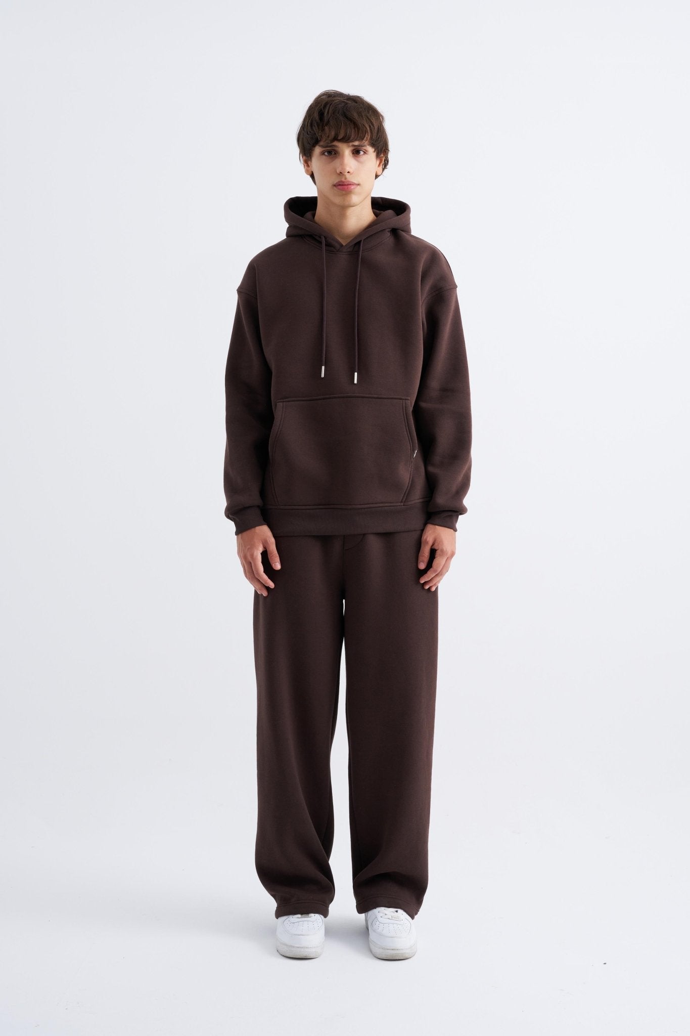 Erkek Oversize Basic Kapüşonlu Sweatshirt Koyu Kahverengi