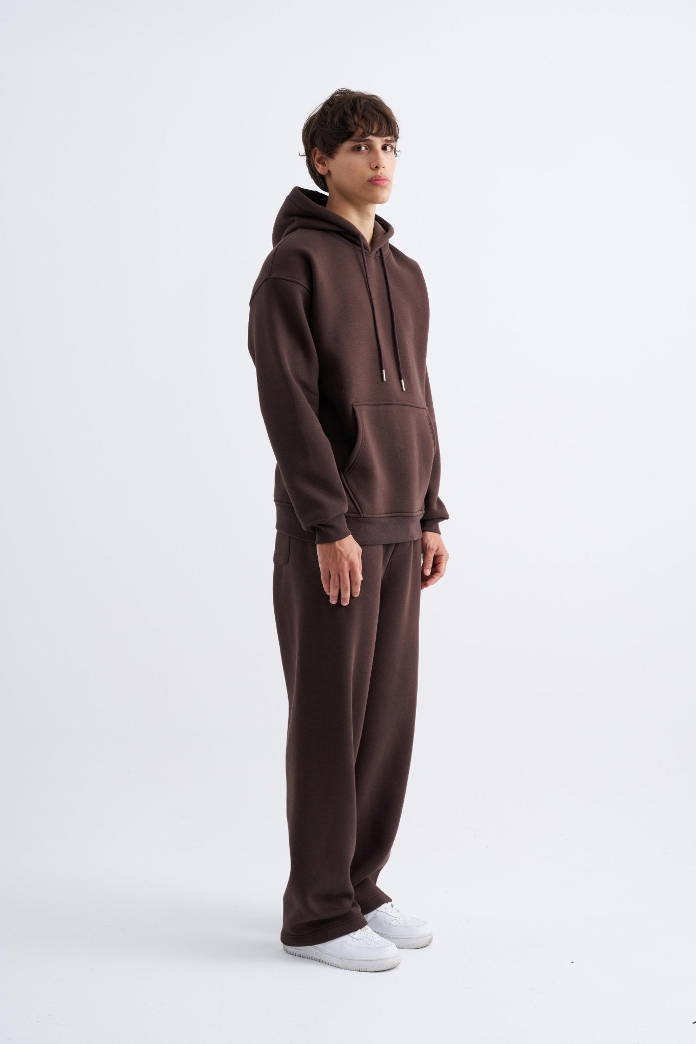 Erkek Oversize Basic Kapüşonlu Sweatshirt Koyu Kahverengi