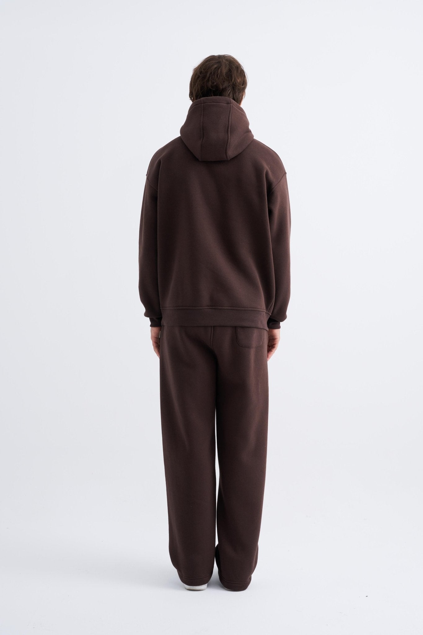 Erkek Oversize Basic Kapüşonlu Sweatshirt Koyu Kahverengi