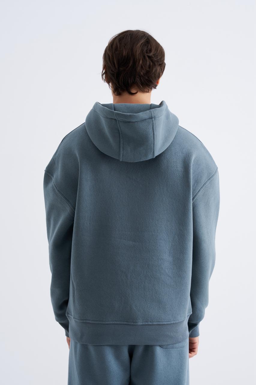 Erkek Oversize Basic Kapüşonlu Sweatshirt Mavi Duman