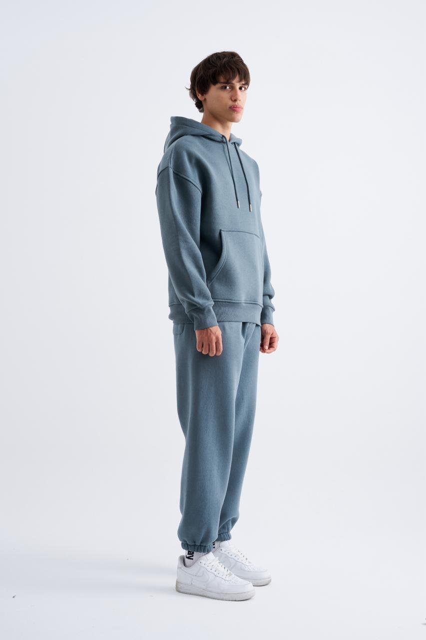 Erkek Oversize Basic Kapüşonlu Sweatshirt Mavi Duman