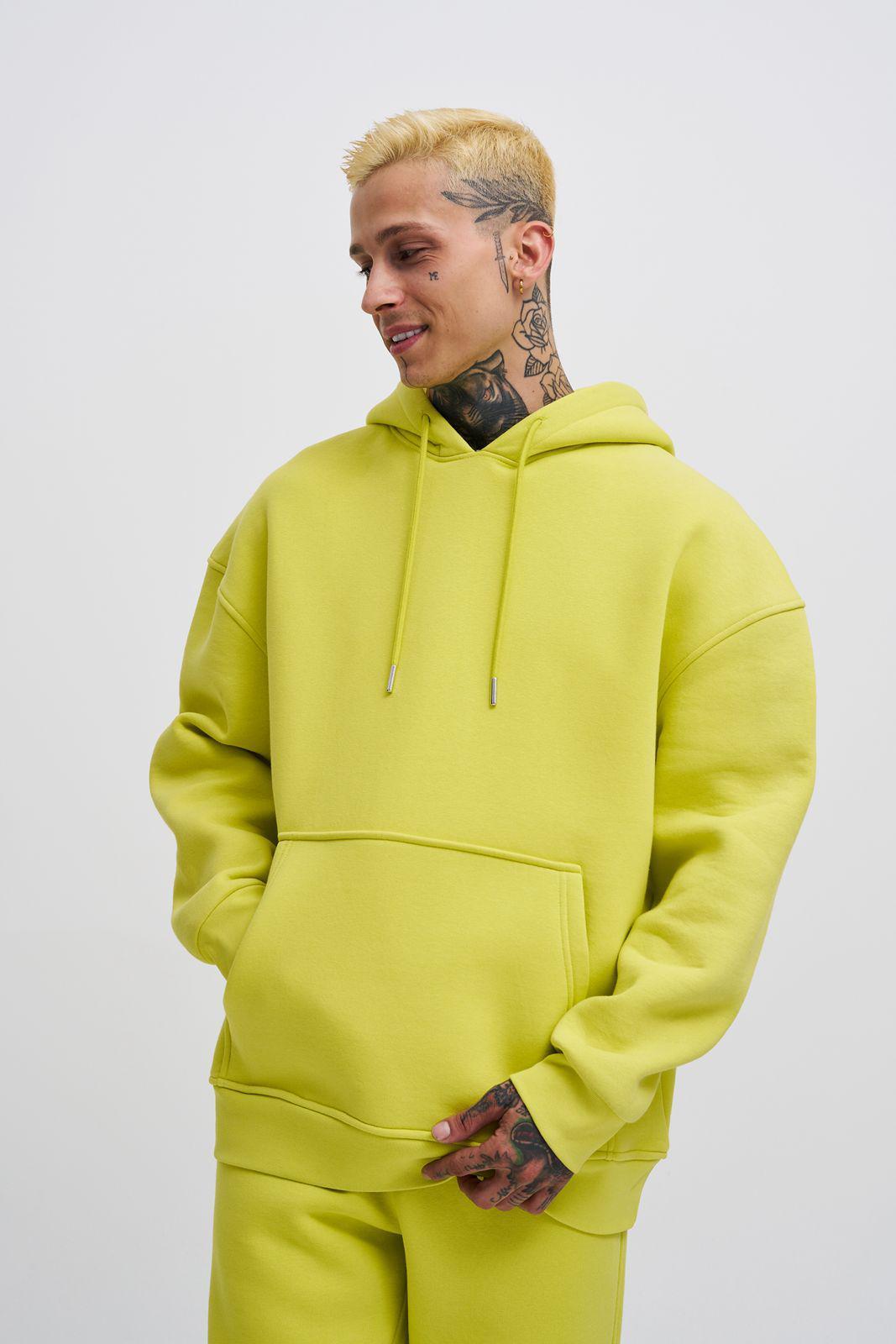 Erkek Oversize Basic Kapüşonlu Sweatshirt Neon Sarı