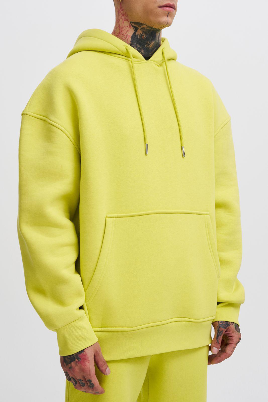 Erkek Oversize Basic Kapüşonlu Sweatshirt Neon Sarı
