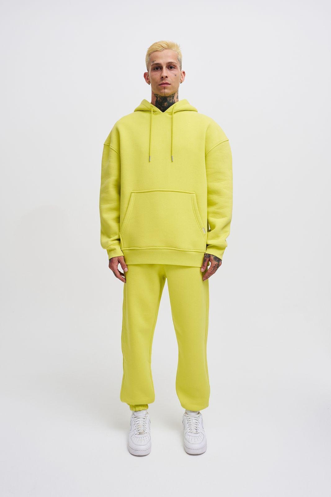 Erkek Oversize Basic Kapüşonlu Sweatshirt Neon Sarı