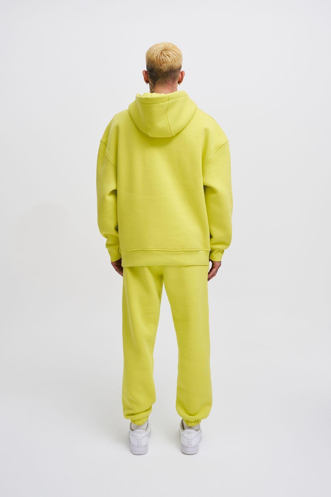 Erkek Oversize Basic Kapüşonlu Sweatshirt Neon Sarı