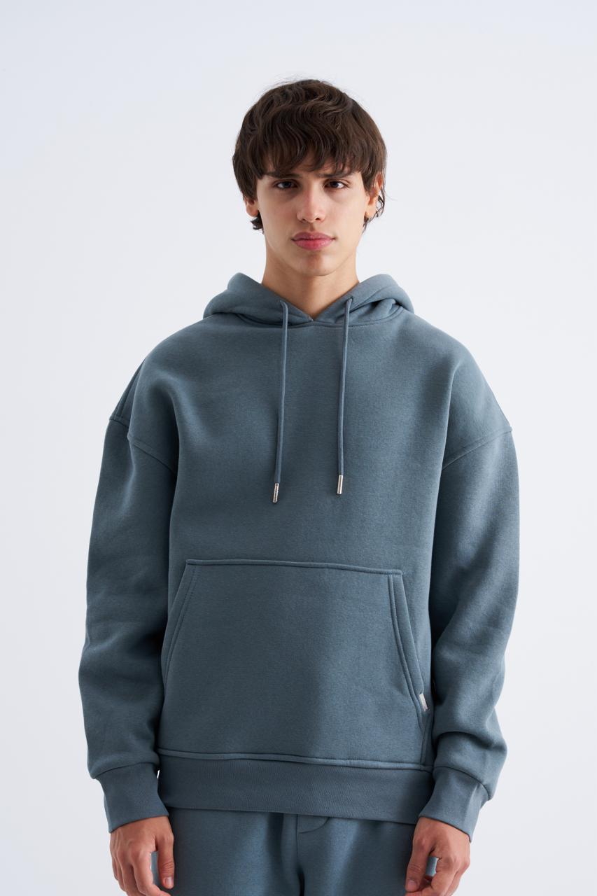 Erkek Oversize Basic Kapüşonlu Sweatshirt Sabah Mavisi