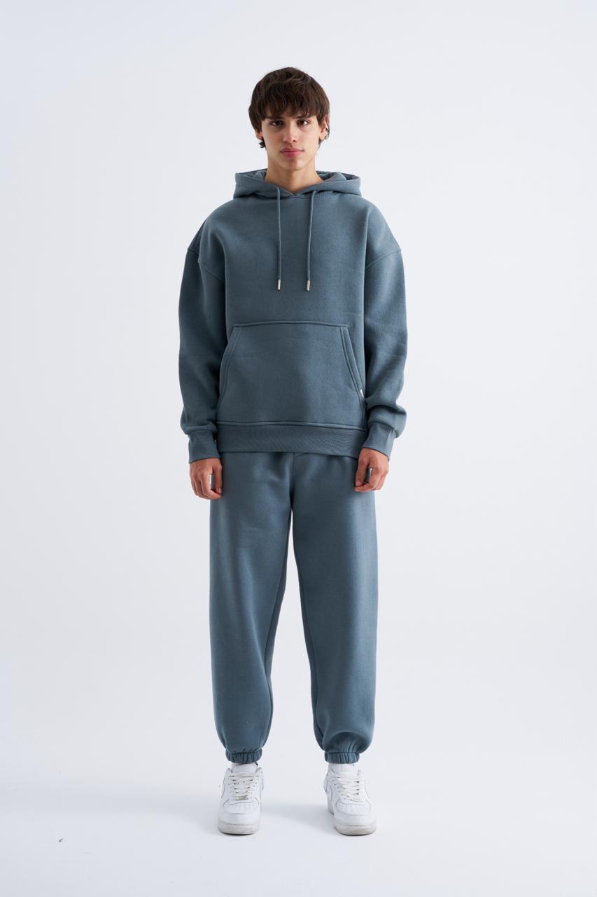 Erkek Oversize Basic Kapüşonlu Sweatshirt Sabah Mavisi