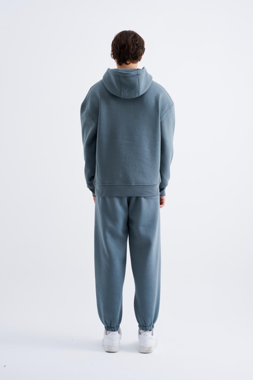 Erkek Oversize Basic Kapüşonlu Sweatshirt Sabah Mavisi