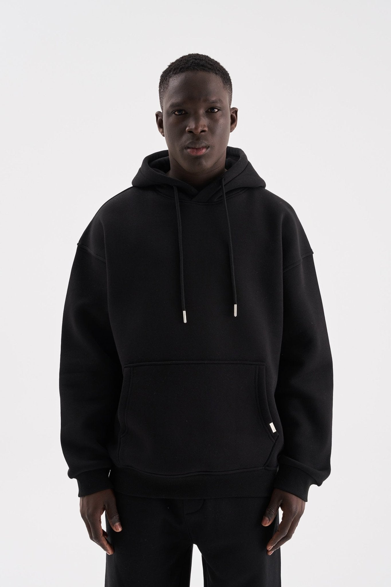 Erkek Oversize Basic Kapüşonlu Sweatshirt Siyah