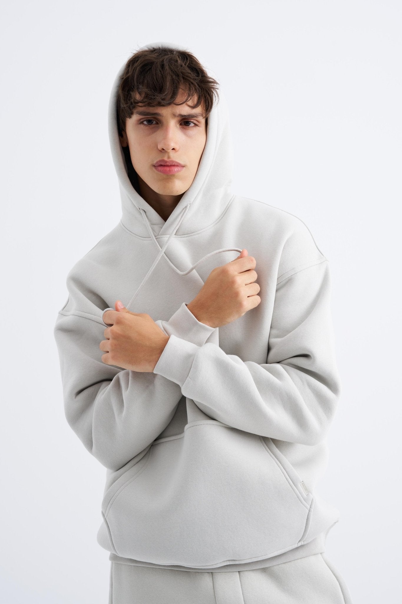 Erkek Oversize Basic Kapüşonlu Sweatshirt Uzay Grisi