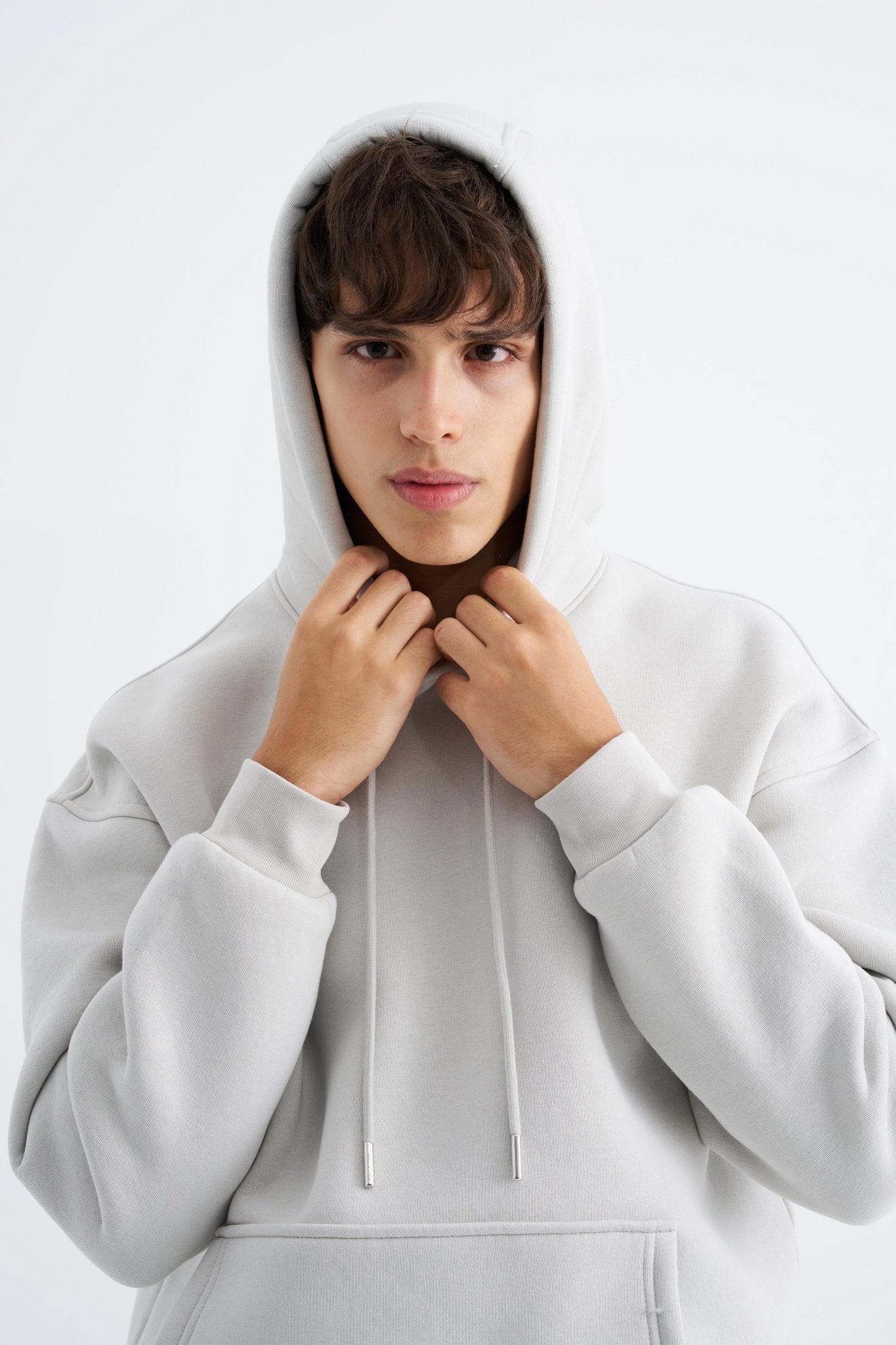 Erkek Oversize Basic Kapüşonlu Sweatshirt Uzay Grisi