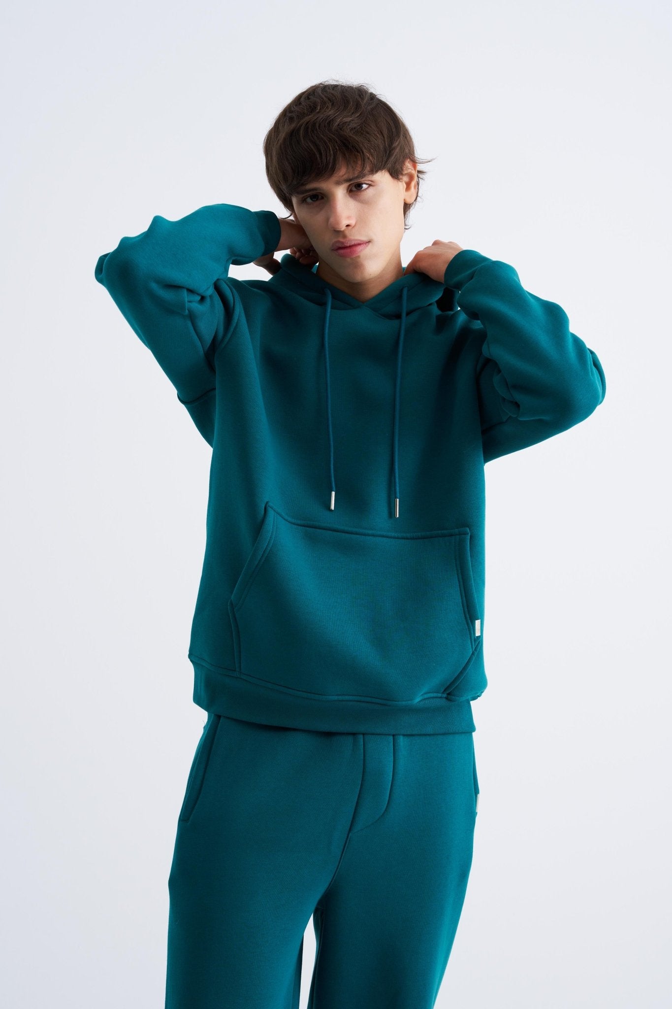 Erkek Oversize Basic Kapüşonlu Sweatshirt Yağ Yeşili