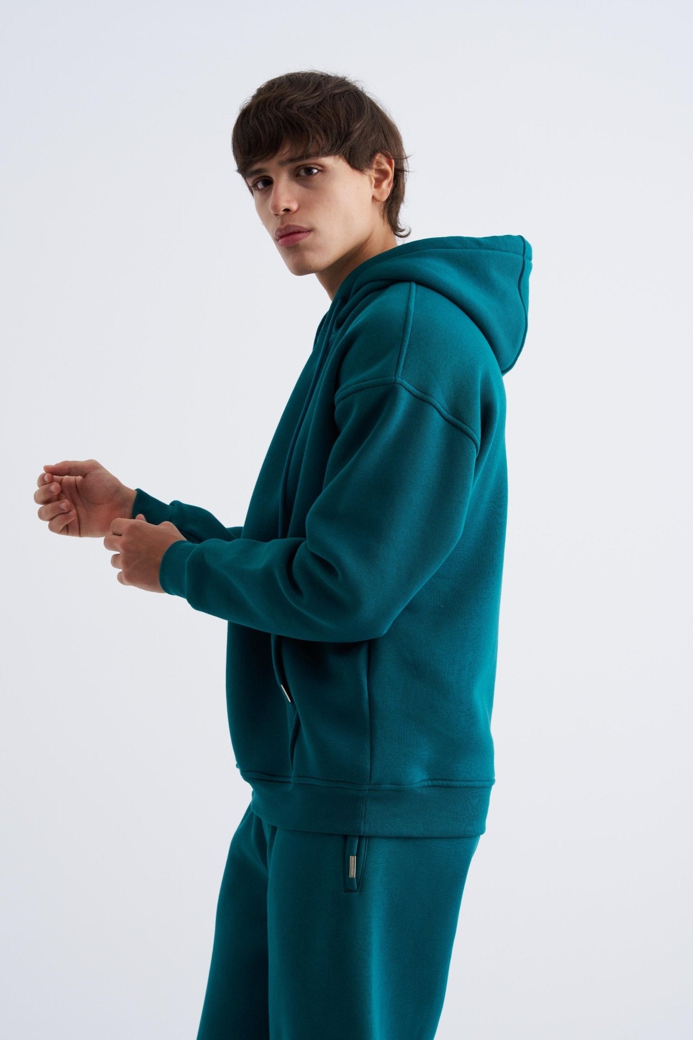 Erkek Oversize Basic Kapüşonlu Sweatshirt Yağ Yeşili