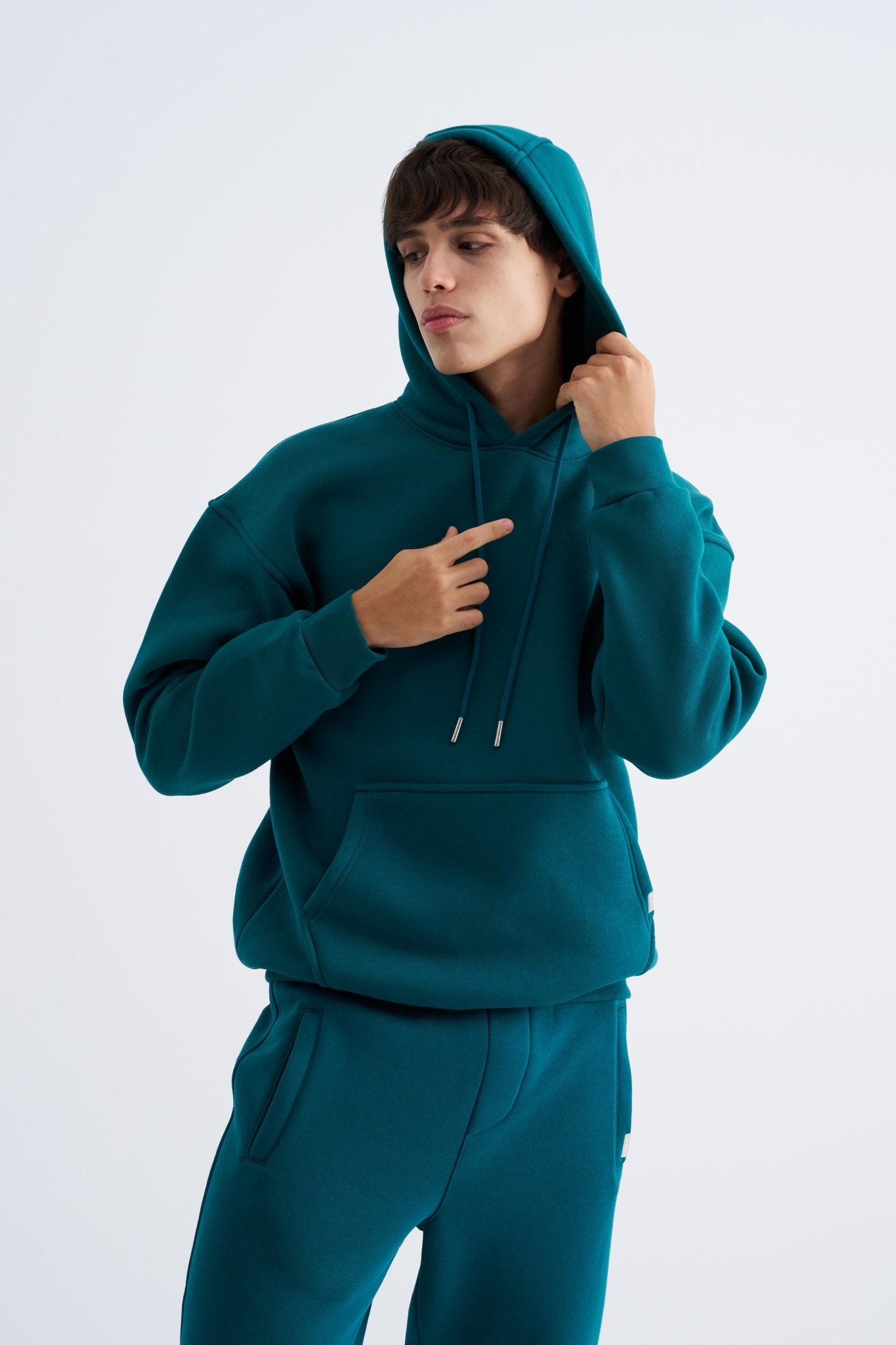 Erkek Oversize Basic Kapüşonlu Sweatshirt Yağ Yeşili