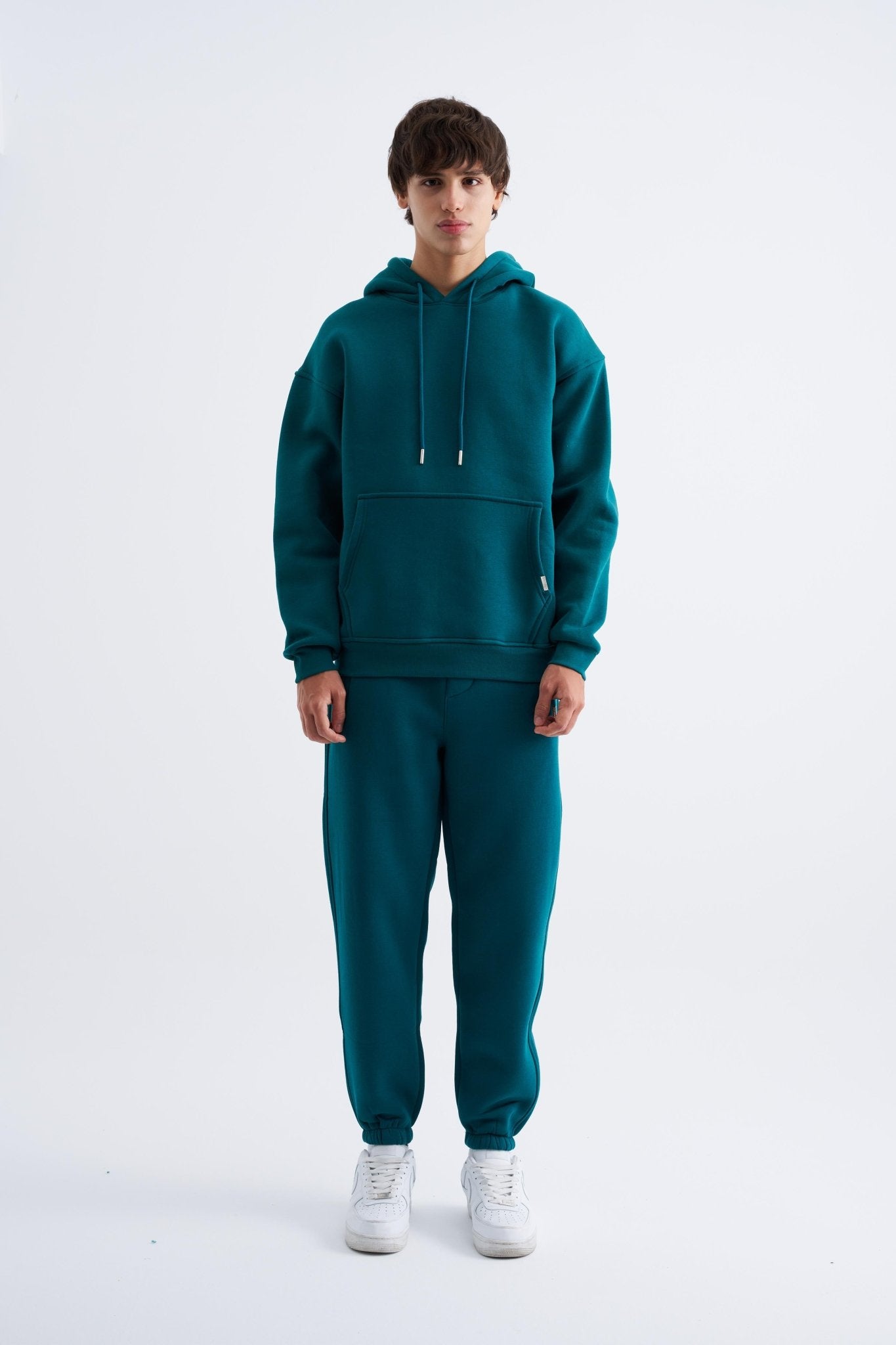 Erkek Oversize Basic Kapüşonlu Sweatshirt Yağ Yeşili