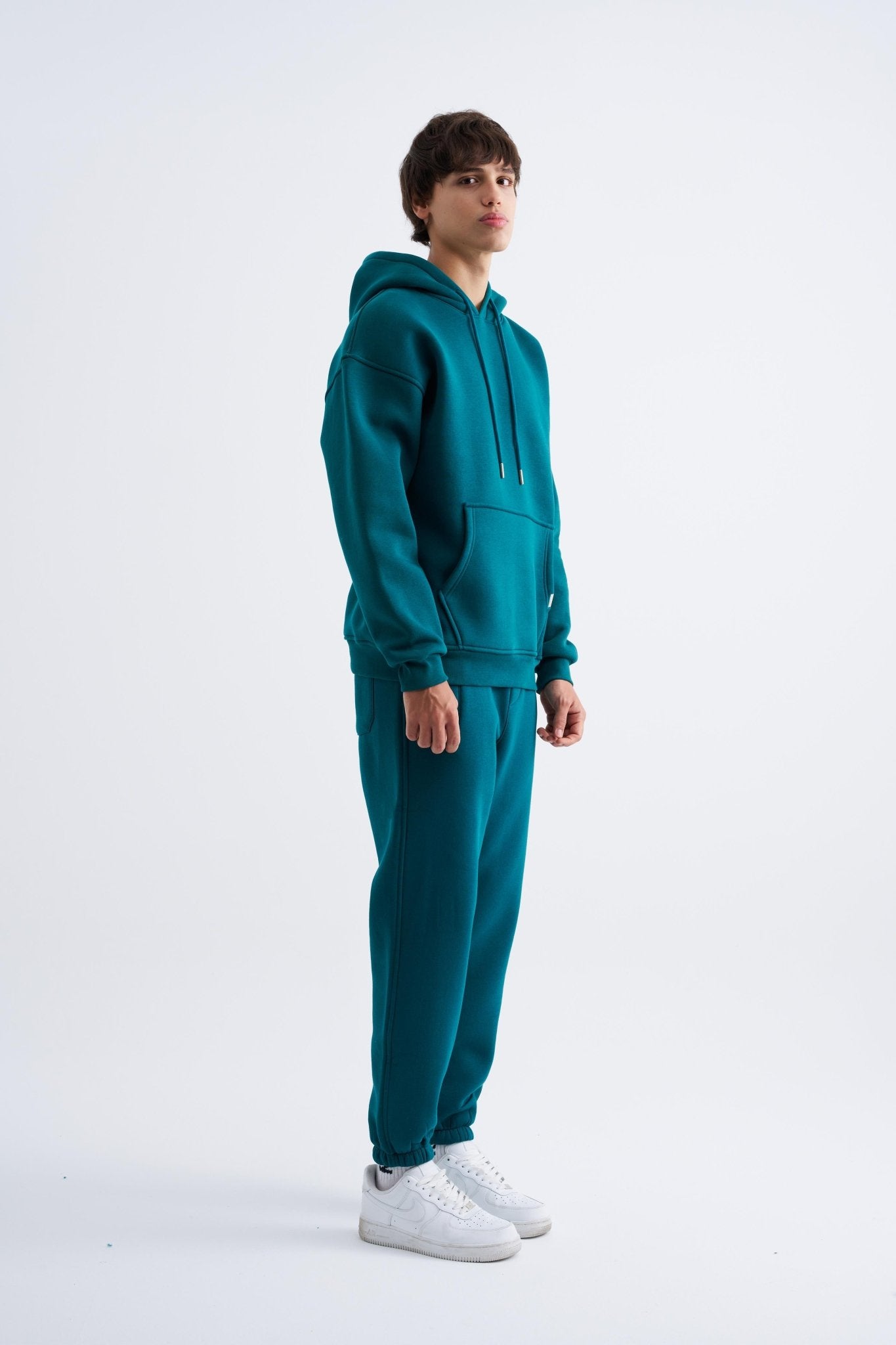 Erkek Oversize Basic Kapüşonlu Sweatshirt Yağ Yeşili
