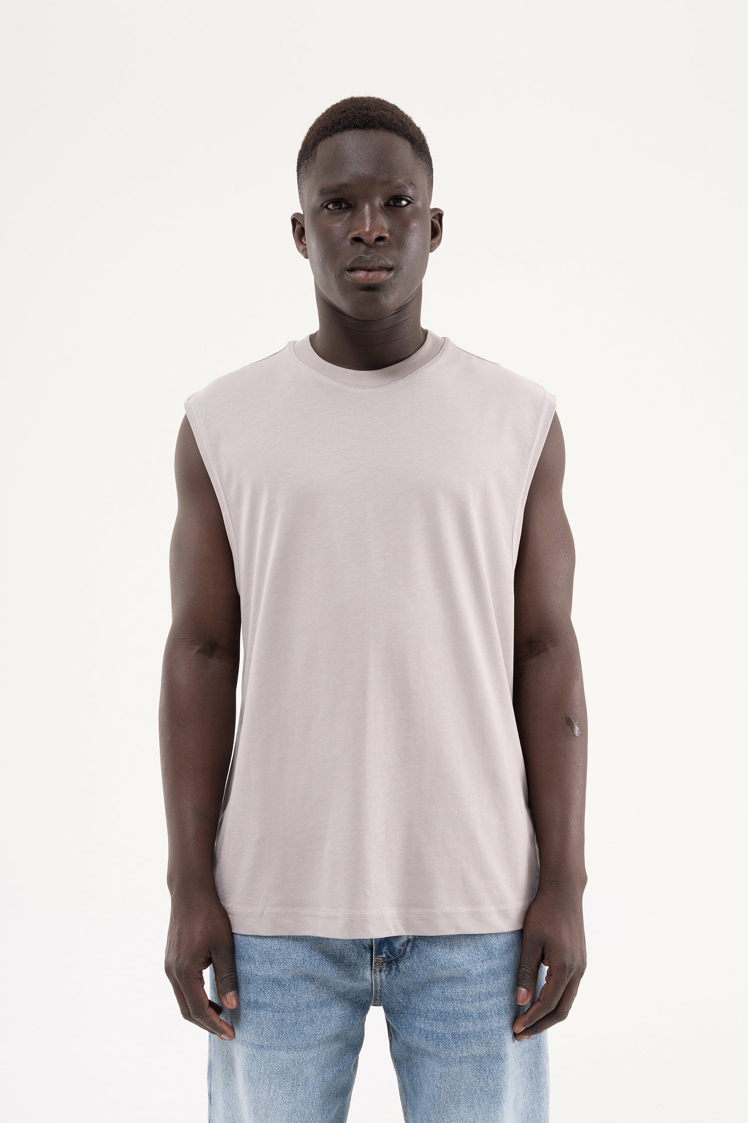 Erkek Oversize Bisiklet Yaka Basic Atlet Açık Gri