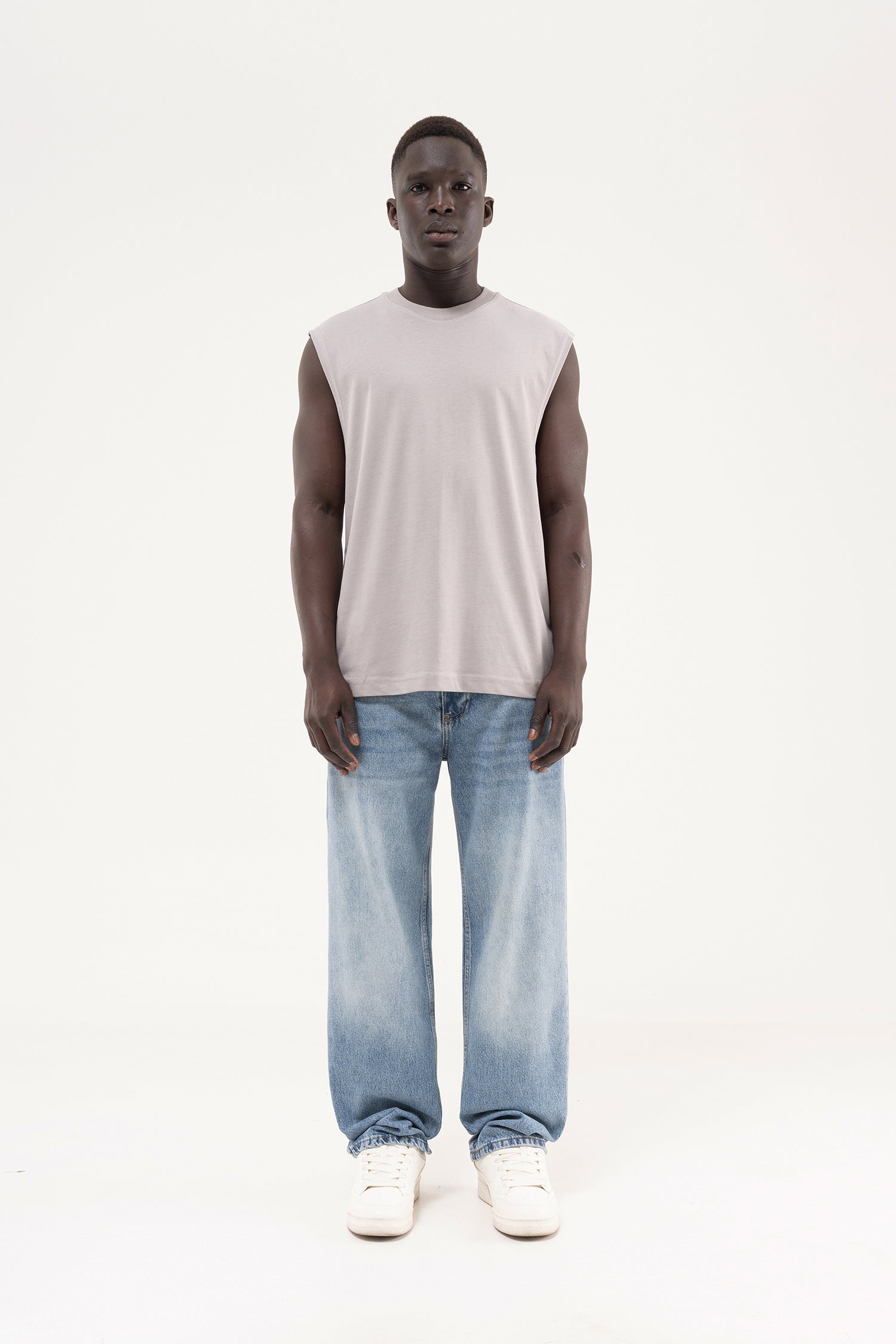 Erkek Oversize Bisiklet Yaka Basic Atlet Açık Gri-6