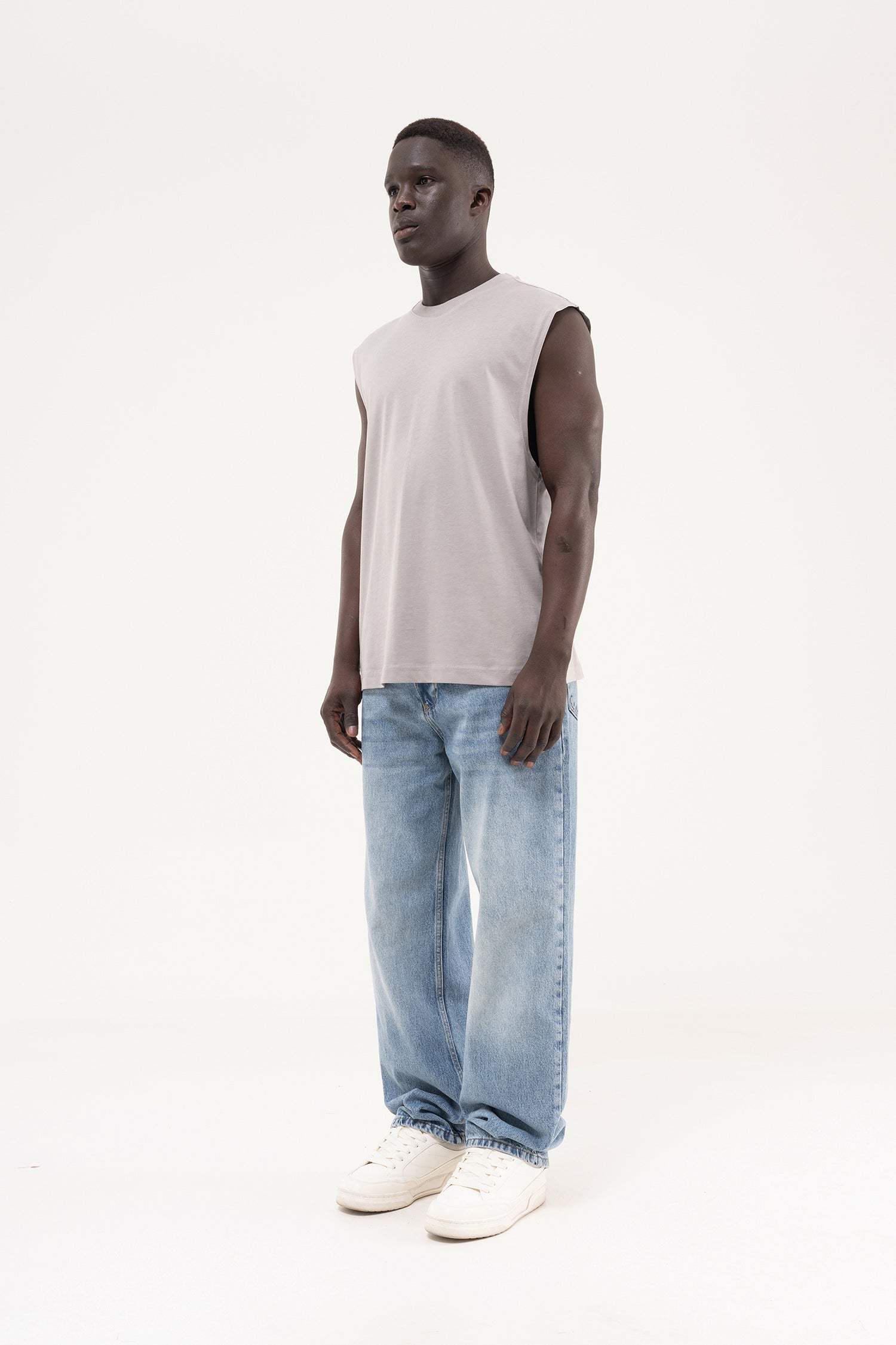 Erkek Oversize Bisiklet Yaka Basic Atlet Açık Gri-7