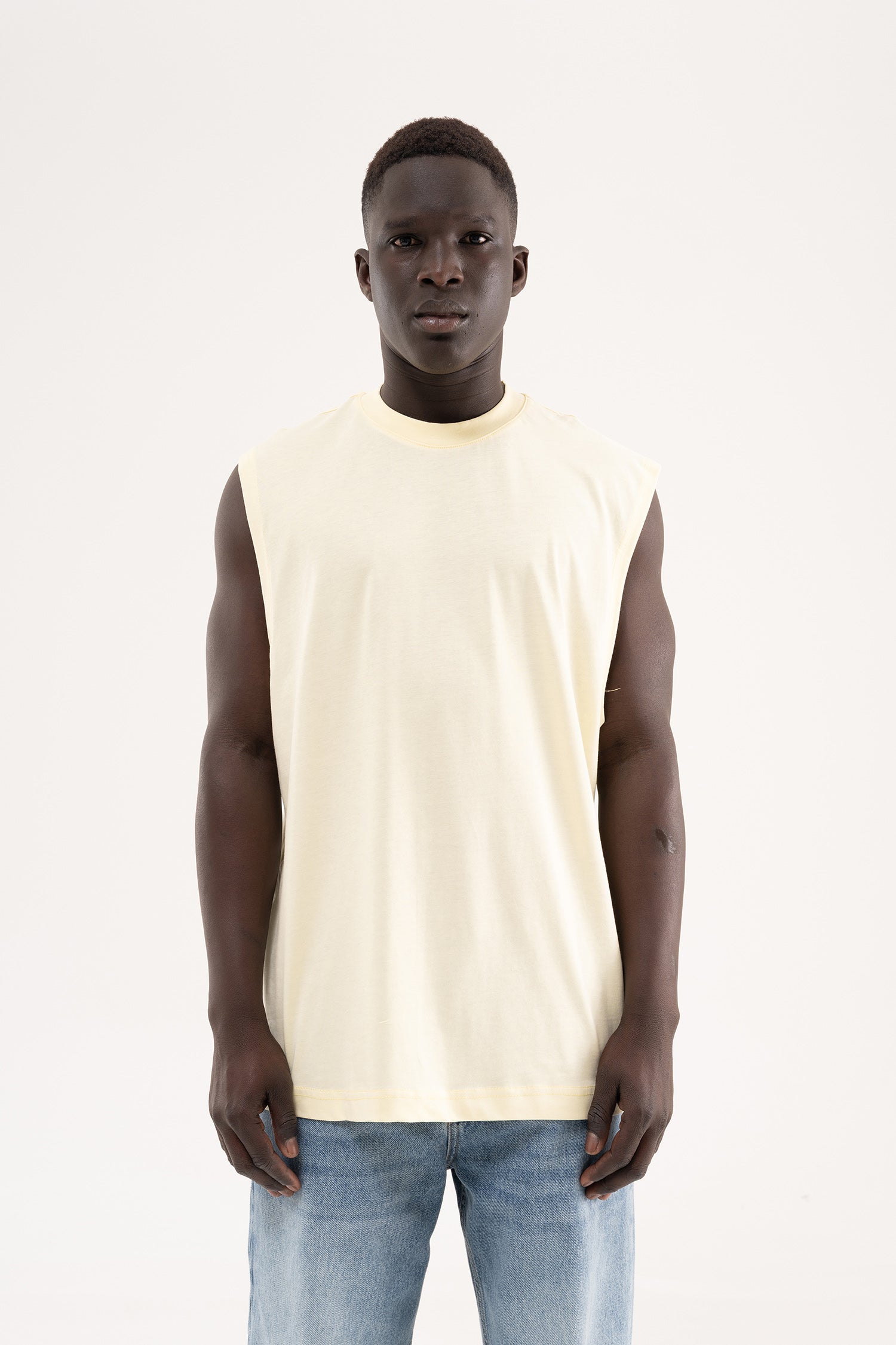 Erkek Oversize Bisiklet Yaka Basic Atlet Açık Sarı