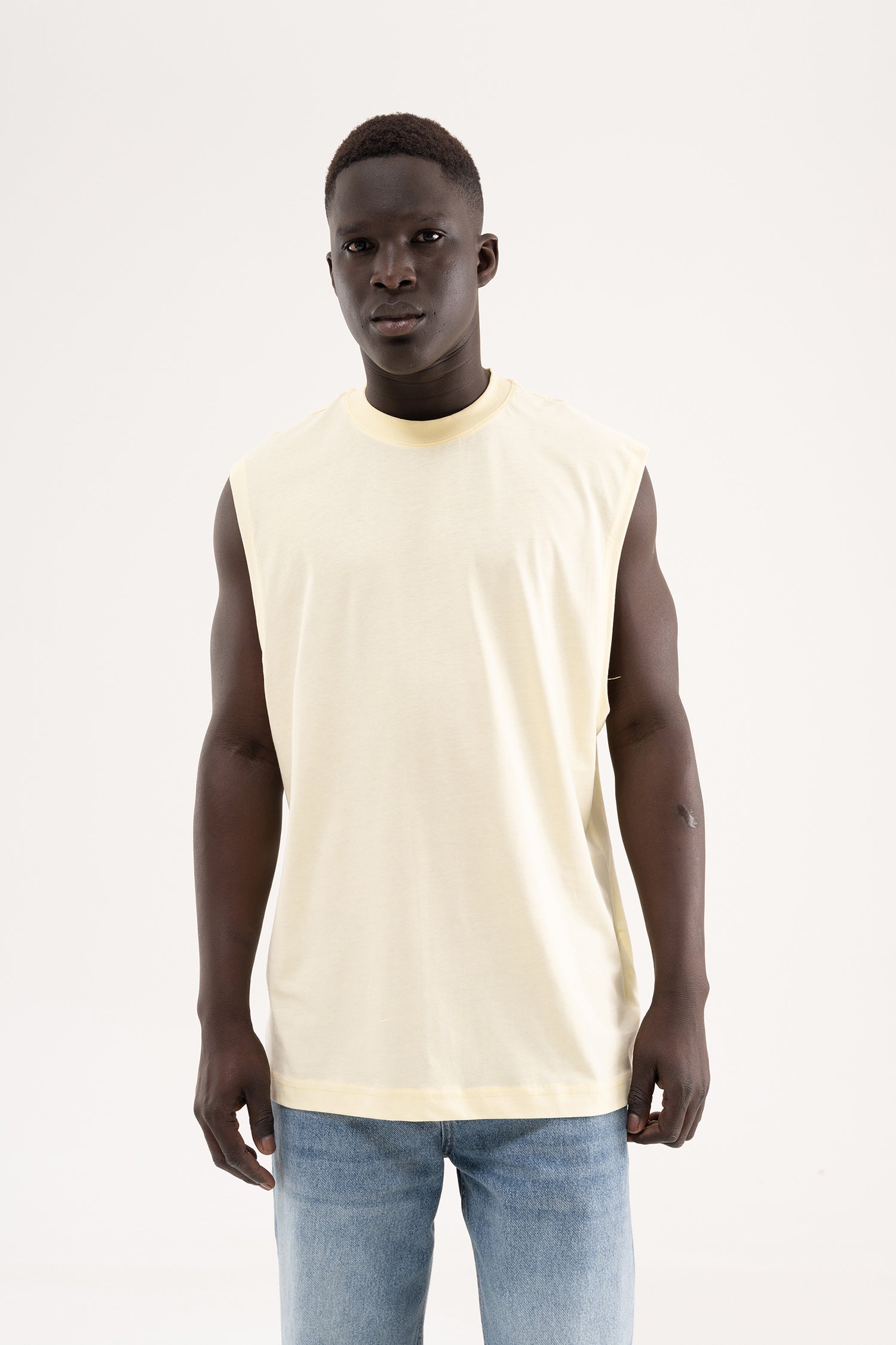 Erkek Oversize Bisiklet Yaka Basic Atlet Açık Sarı