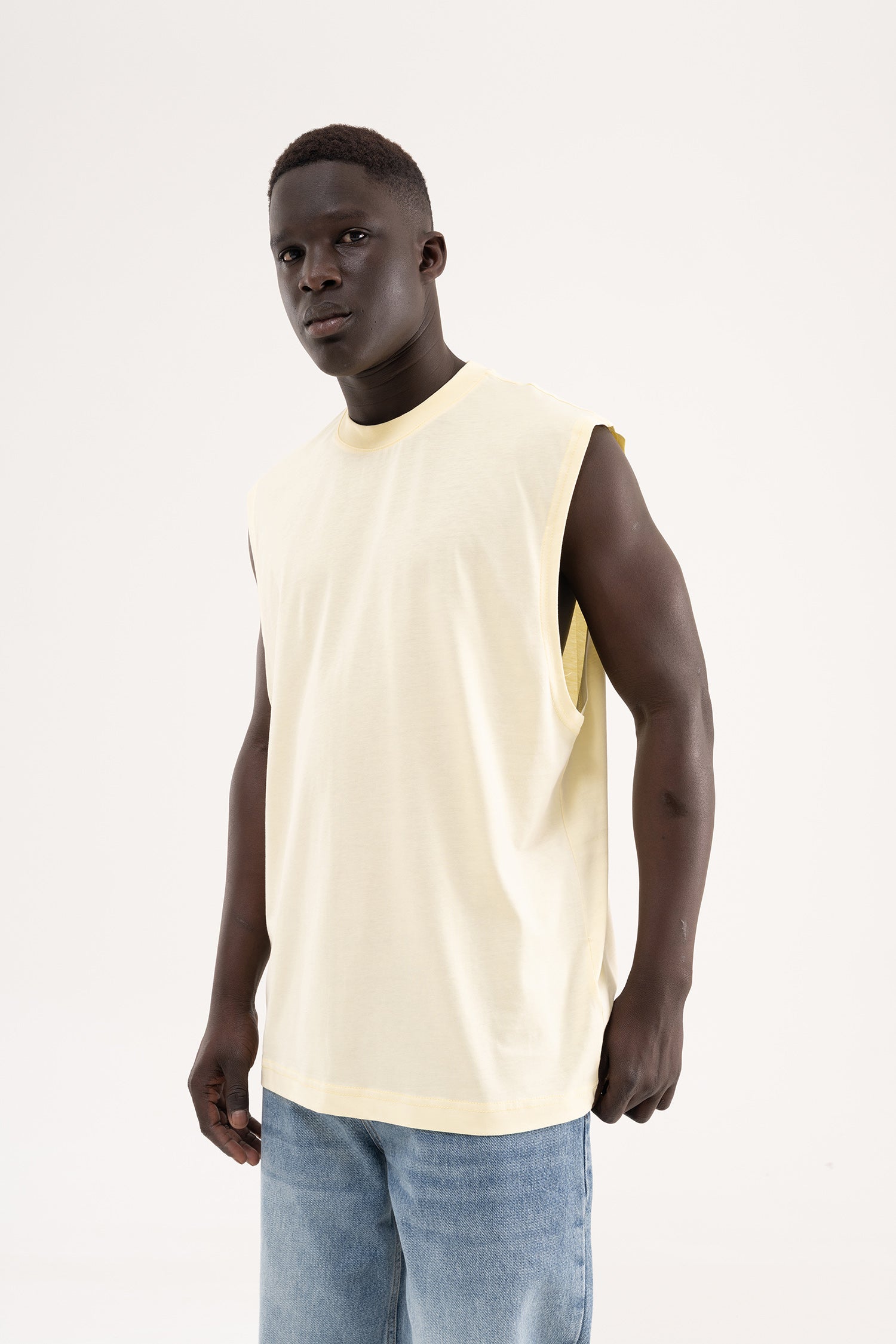 Erkek Oversize Bisiklet Yaka Basic Atlet Açık Sarı-3