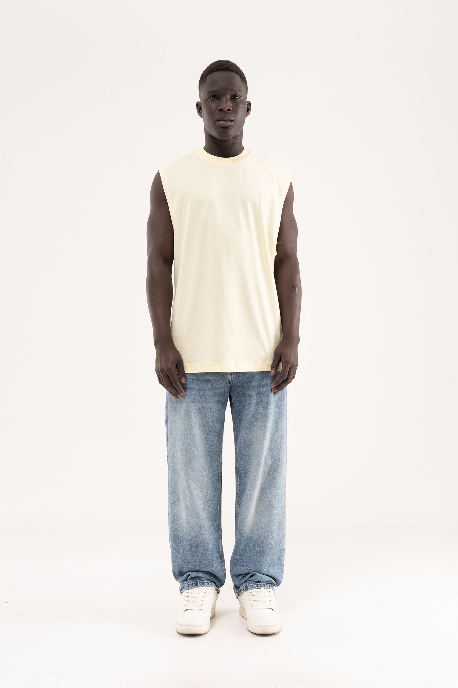 Erkek Oversize Bisiklet Yaka Basic Atlet Açık Sarı-6