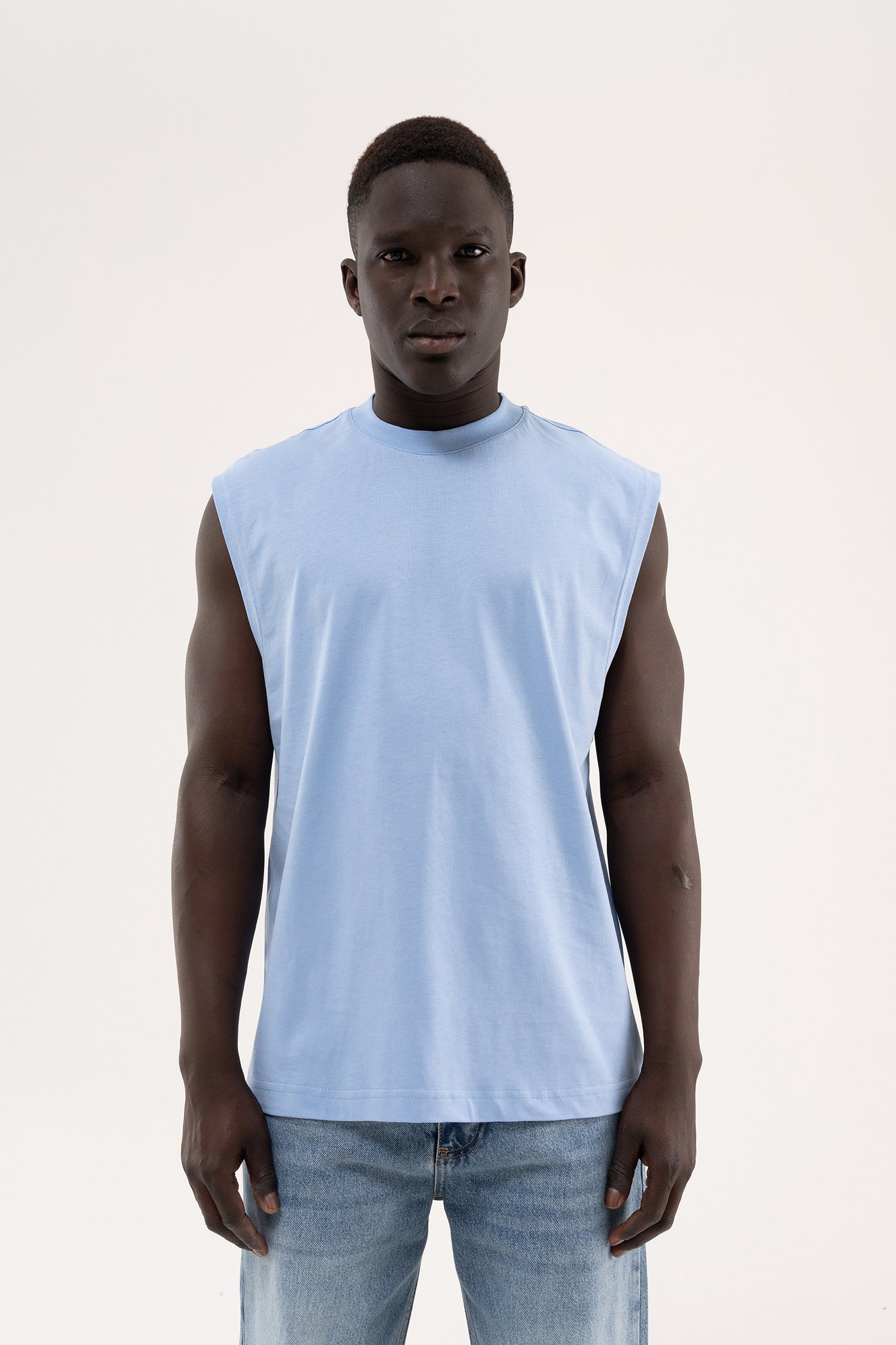 Erkek Oversize Bisiklet Yaka Basic Atlet Bebe Mavi