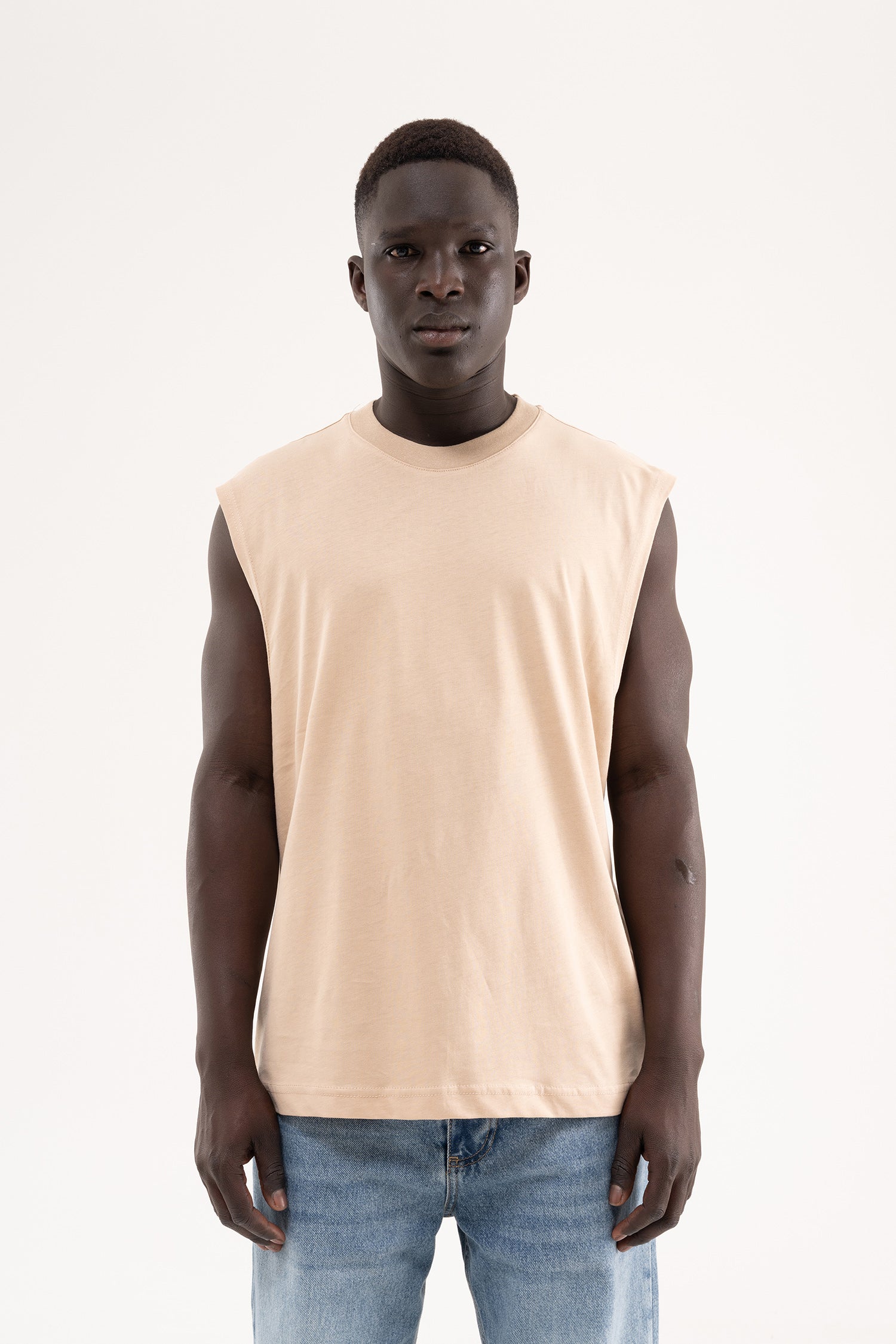 Erkek Oversize Bisiklet Yaka Basic Atlet Bej